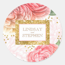 金ゴールドグリッター紙吹雪とピンクの花水色 ラウンドシール