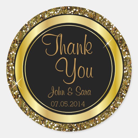 金ゴールドグリッター紙吹雪とブラックエレガンス ラウンドシール (正面)