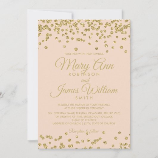 金ゴールドグリッター紙吹雪エレガントウェディングバラ赤面 招待状 (正面)