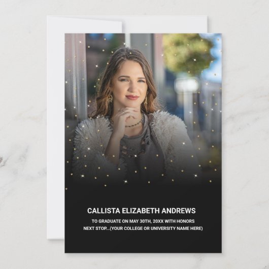 金ゴールドグリッター紙吹雪クラスの卒業写真 案内状 (裏面)