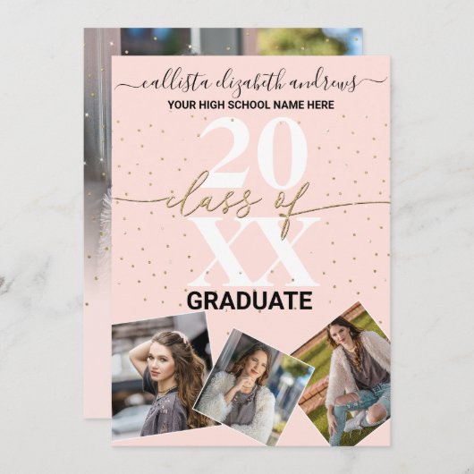 金ゴールドグリッター紙吹雪クラス卒業写真An 案内状 (正面/裏面)