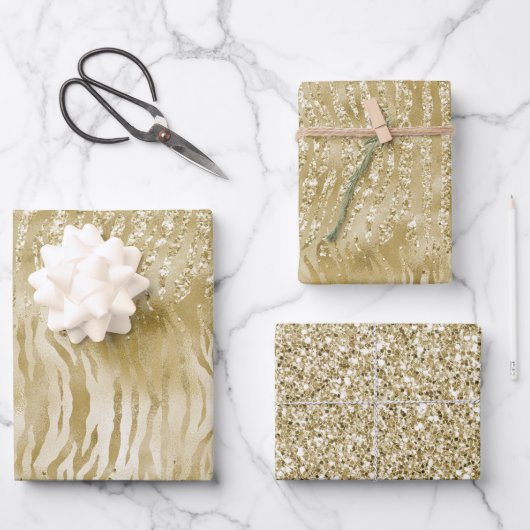 金ゴールドグリッター紙吹雪グリッツィゼブラプリント ラッピングペーパーシート (正面)