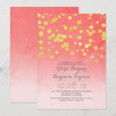 金ゴールドグリッター紙吹雪コーラルピンク婚約パーティ 招待状 (正面/裏面)