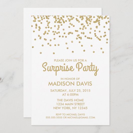 金ゴールドグリッター紙吹雪サプライズ誕生日パーティー 招待状 (正面/裏面)