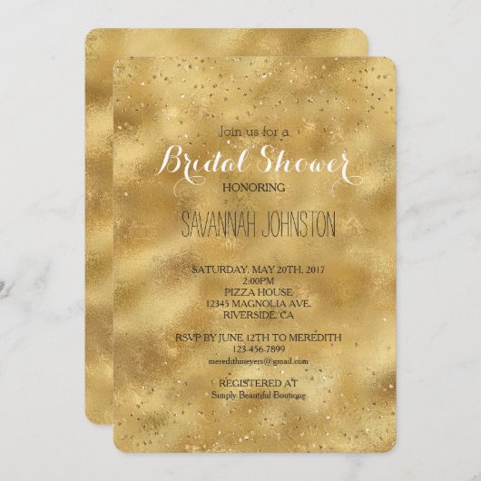 金ゴールドグリッター紙吹雪スパークルブライダルシャワー 招待状 (正面/裏面)