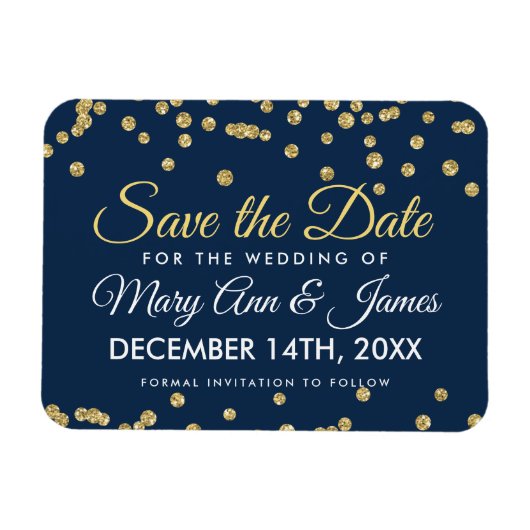 金ゴールドグリッター紙吹雪ネイビーウェディング日付を保存 マグネット (横)