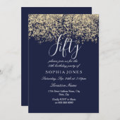 金ゴールドグリッター紙吹雪ネイビー50歳の誕生日招待状 招待状 (正面/裏面)