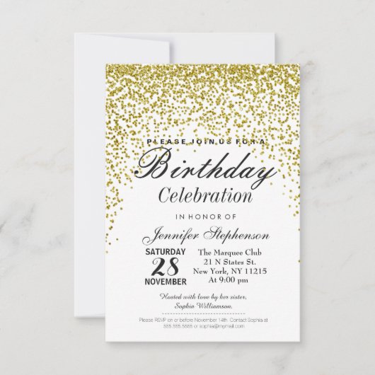 金ゴールドグリッター紙吹雪バースデーパーティ招待状 招待状 (正面)