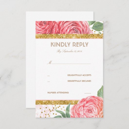 金ゴールドグリッター紙吹雪ピンクフローラウェディングRSVP 出欠カード (正面/裏面)