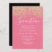 金ゴールドグリッター紙吹雪ピンク17th誕生日パーティー 招待状 (正面/裏面)