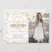 金ゴールドグリッター紙吹雪フォトサプライズSweet 16 招待状 (正面)