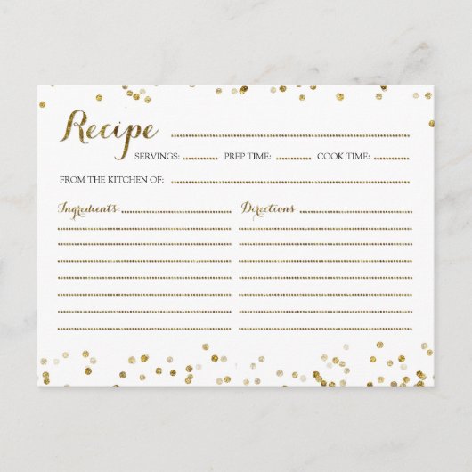 金ゴールドグリッター紙吹雪ブライダルシャワーレシピカード インビテーションポストカード (正面)