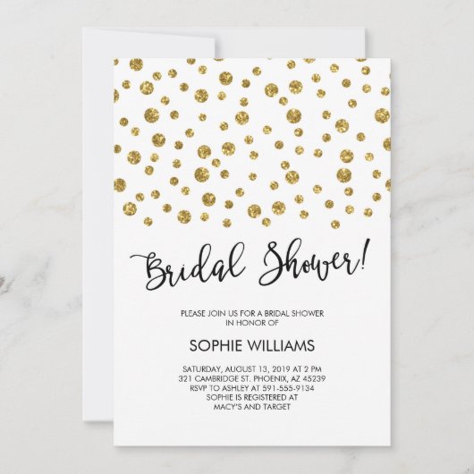 金ゴールドグリッター紙吹雪ブライダルシャワー 招待状 (正面)