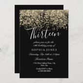 金ゴールドグリッター紙吹雪ブラック13th誕生日パーティー 招待状 (正面/裏面)