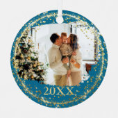 金ゴールドグリッター紙吹雪ブルーファミリーフォトクリスマス メタルオーナメント (正面)