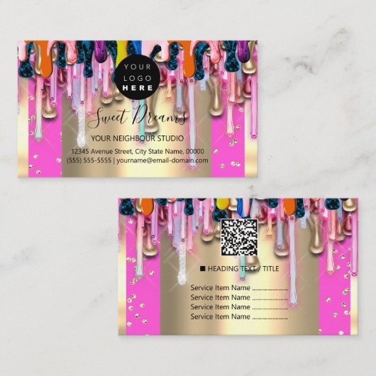 金ゴールドグリッター紙吹雪ホログラフピンクドリップフレーム 名刺 (正面/裏面)