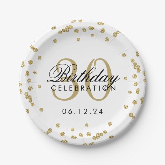 金ゴールドグリッター紙吹雪ホワイト30歳誕生日 ペーパープレート (正面)
