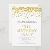 金ゴールドグリッター紙吹雪ホワイト50誕生日 インビテーションポストカード (正面/裏面)