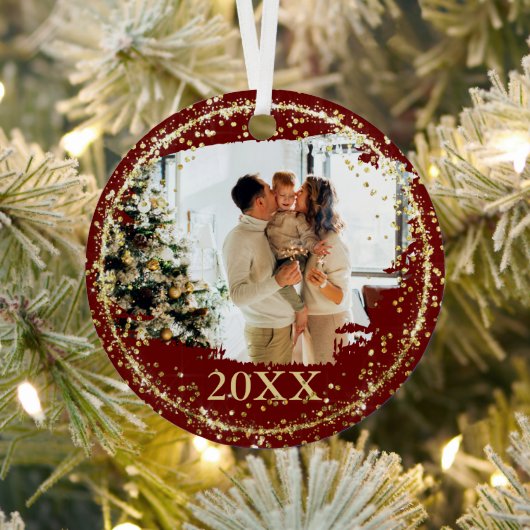 金ゴールドグリッター紙吹雪レッドファミリーフォトクリスマス メタルオーナメント (インサイチュ)