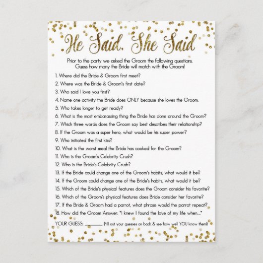 金ゴールドグリッター紙吹雪彼は彼女はシャワーゲームと言った ポストカード (正面)