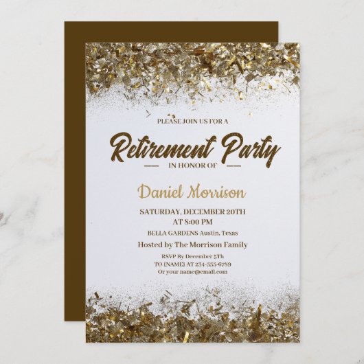 金ゴールドグリッター紙吹雪退職パーティー2024 招待状 (正面/裏面)