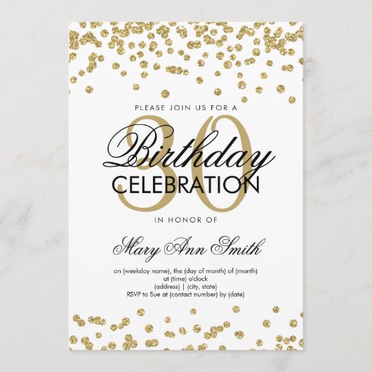 金ゴールドグリッター紙吹雪30thバースデーホワイト 招待状 (正面)