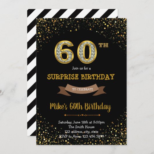 金ゴールドグリッター紙吹雪60歳の誕生日の招待状 招待状 (正面/裏面)