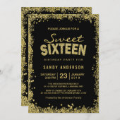 金ゴールドグリッター紙吹雪 | Sweet 16 Sixen誕生日 招待状 (正面/裏面)