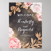 金ゴールドグリッター素朴フローラ結婚のウェルカムサイン ポスター (正面)