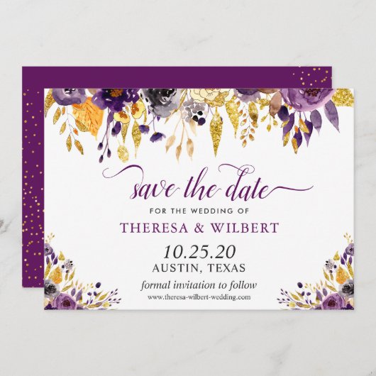 金ゴールドグリッター紫のフローラ結婚式の日付を保存 セーブザデート (正面/裏面)