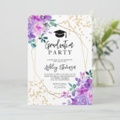 金ゴールドグリッター紫フローラ写真卒業 招待状 (スタンド正面)