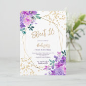金ゴールドグリッター紫フローラ写真Sweet 16 招待状 (スタンド正面)