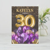 金ゴールドグリッター紫色のバルーン30th誕生日パーティー 招待状 (スタンド正面)