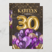 金ゴールドグリッター紫色のバルーン30th誕生日パーティー 招待状 (正面/裏面)