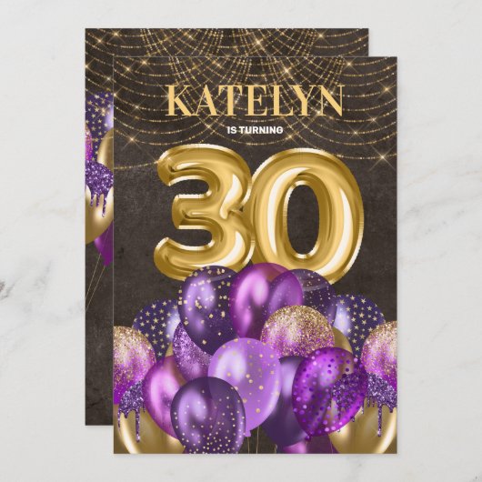 金ゴールドグリッター紫色のバルーン30th誕生日パーティー 招待状 (正面/裏面)