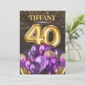 金ゴールドグリッター紫色のバルーン40th誕生日パーティー 招待状 (スタンド正面)