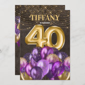 金ゴールドグリッター紫色のバルーン40th誕生日パーティー 招待状 (正面/裏面)
