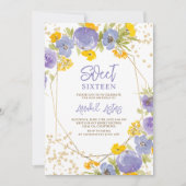 金ゴールドグリッター紫色の黄色のフローラ写真Sweet 16 招待状 (正面)