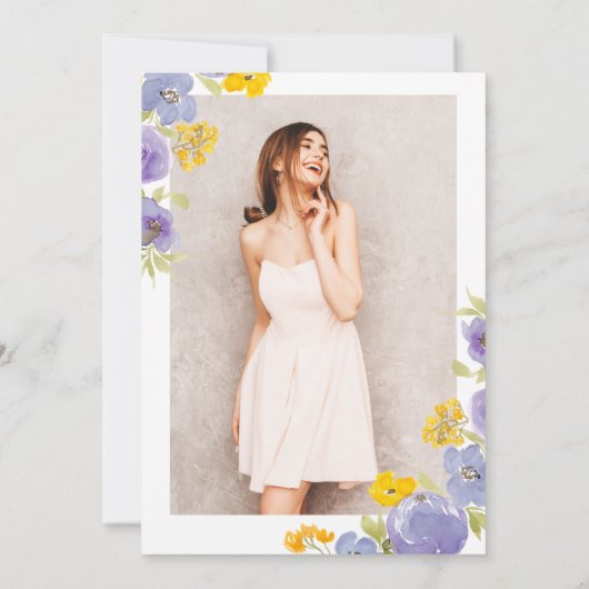 金ゴールドグリッター紫色の黄色のフローラ写真Sweet 16 招待状 (裏面)