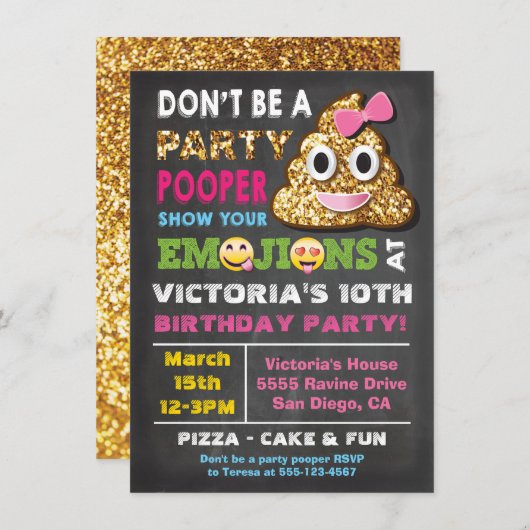 金ゴールドグリッター絵文字パーティーポーパーガール誕生会 招待状 (正面/裏面)