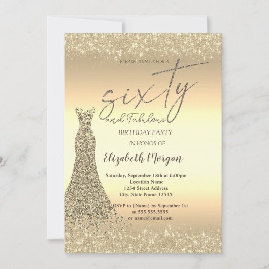 金ゴールドグリッター縁どダストドレス60th誕生日 招待状 (正面)