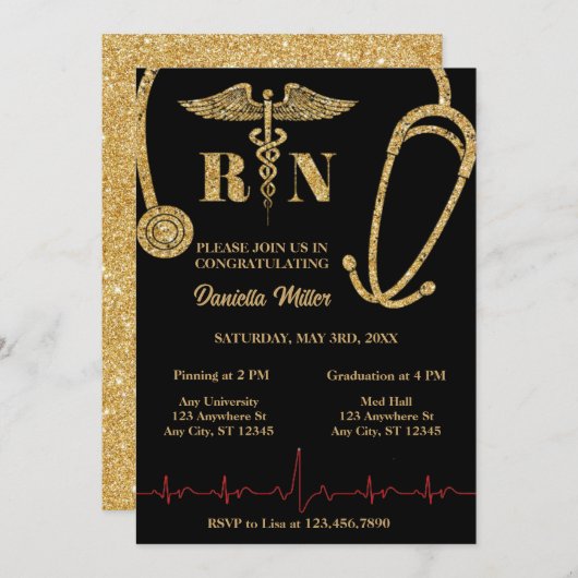 金ゴールドグリッター聴診器RNカドゥセウス卒業 招待状 (正面/裏面)