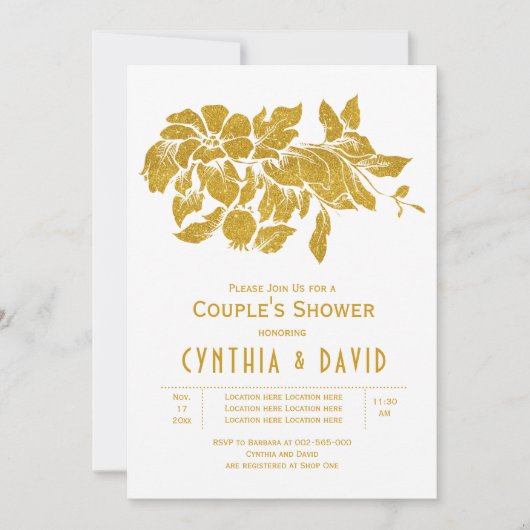 金ゴールドグリッター花フローラのカップルのシャワー 招待状 (正面)