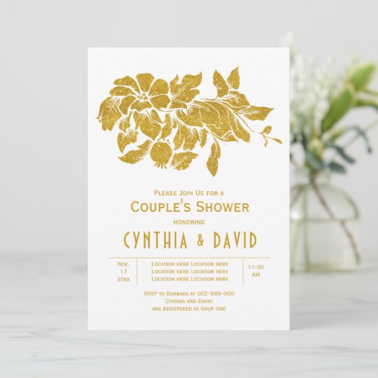 金ゴールドグリッター花フローラのカップルのシャワー 招待状 (スタンド正面)