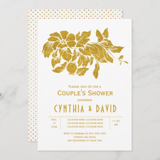 金ゴールドグリッター花フローラのカップルのシャワー 招待状 (正面/裏面)