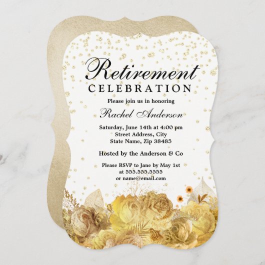 金ゴールドグリッター花リタイアメントパーティーお祝い 招待状 (正面/裏面)
