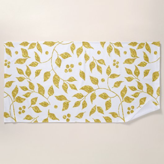 金ゴールドグリッター葉パターン ビーチタオル (正面)