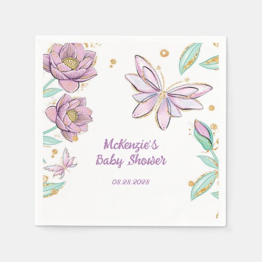 金ゴールドグリッター蝶とフラワーガールベビーシャワー スタンダードカクテルナプキン (正面)