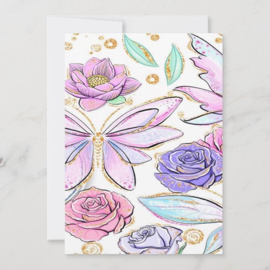 金ゴールドグリッター蝶とフラワーガールベビーシャワー 招待状 (裏面)