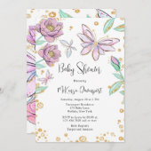 金ゴールドグリッター蝶とフラワーガールベビーシャワー 招待状 (正面/裏面)